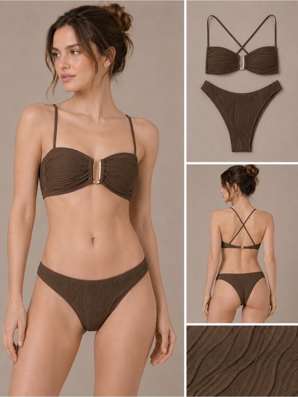 NEW Brown Textured Knit Brown Bikini Set Goldtone Hardware Strappy Stretch M